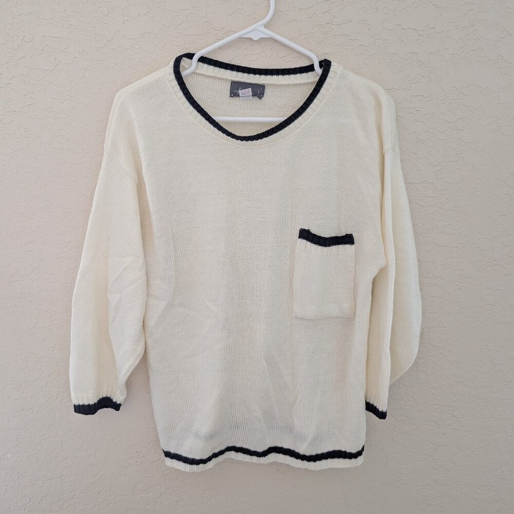 Vintage Alison J White Sweater Black Trim Pocket Made in USA